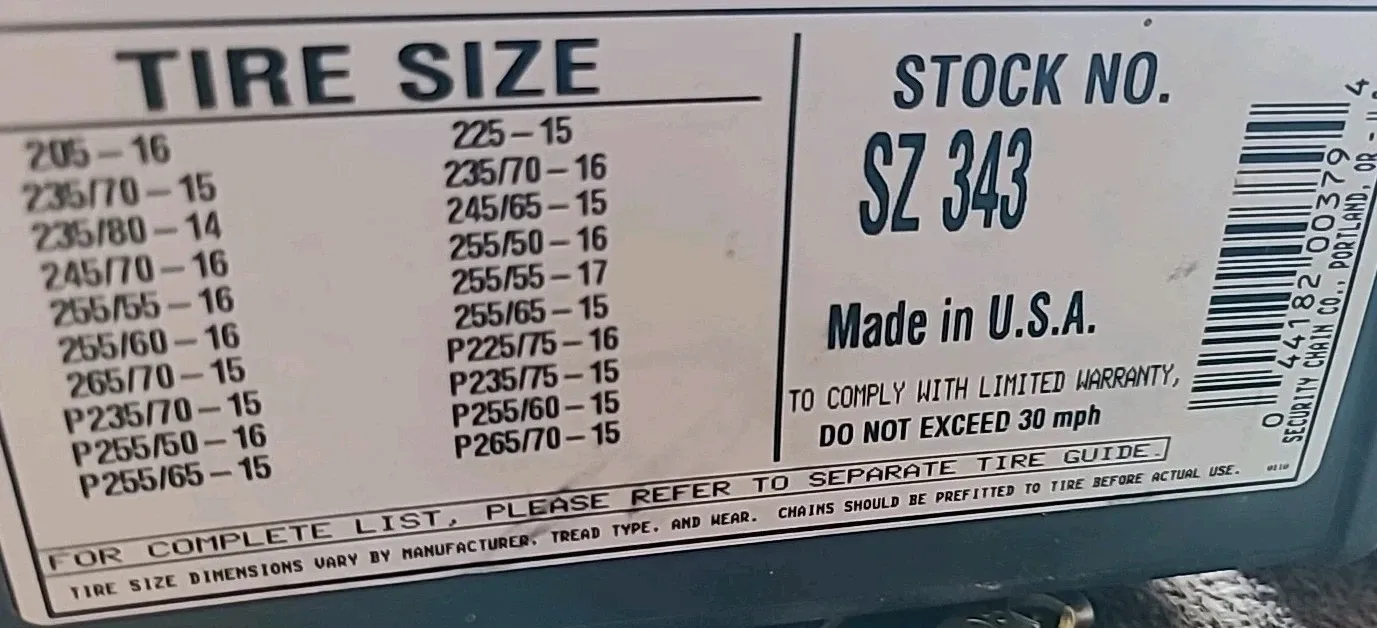 SCC Shur Grip Super Z SZ343 Passenger Car Snow Tire Chains - Complete Set